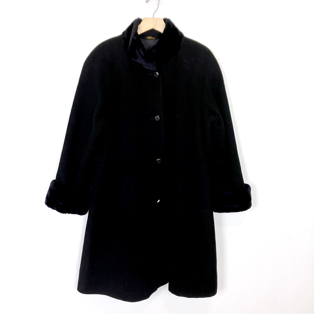 Vintage black wool swing coat with faux fur collar and trim classic chic Braemar